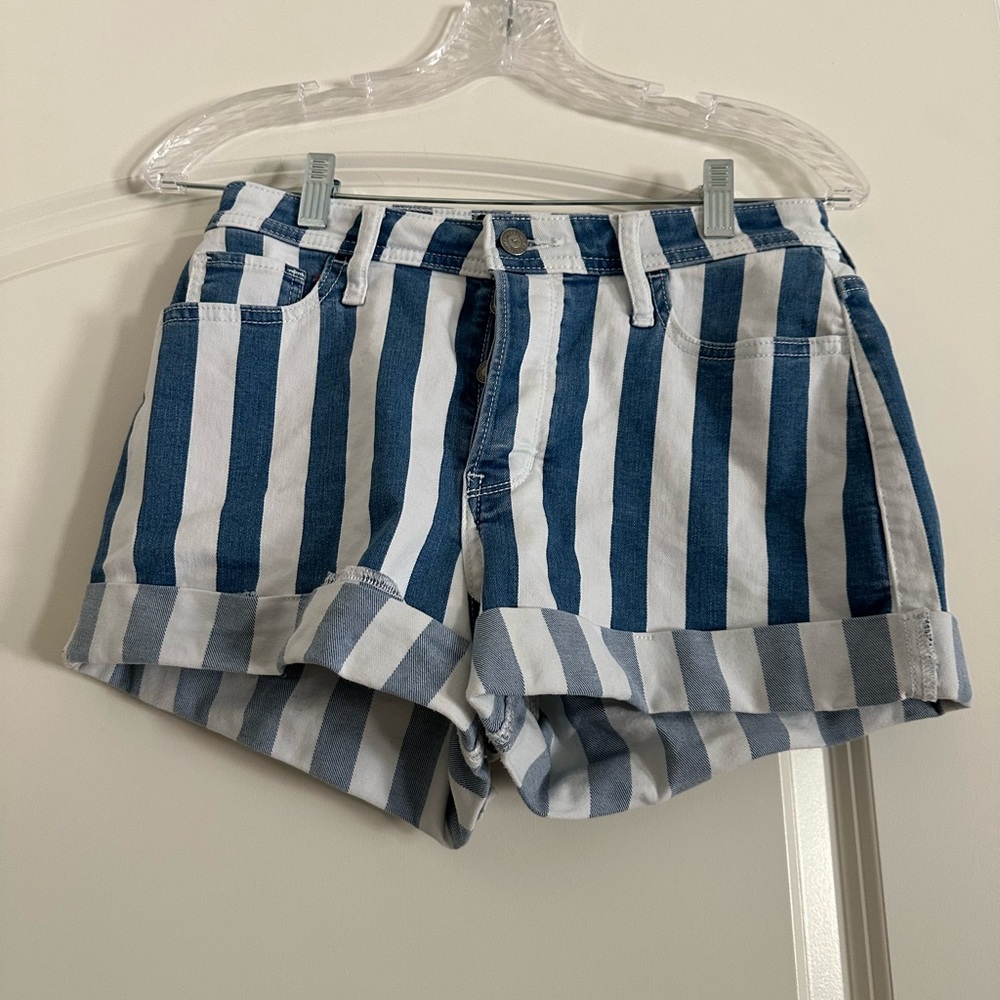Hollister Blue and White Jean Shorts with Nautical Stripes Size 27